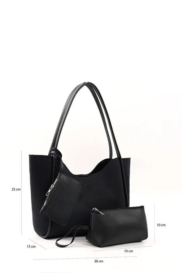 Black Suede SHK108 Women Hand And Shoulder Bag With Wallet And Makeup Bag