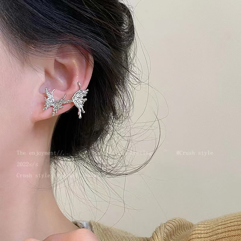 Silver Liquid Butterfly Integrated Stud Earrings Ear Clip