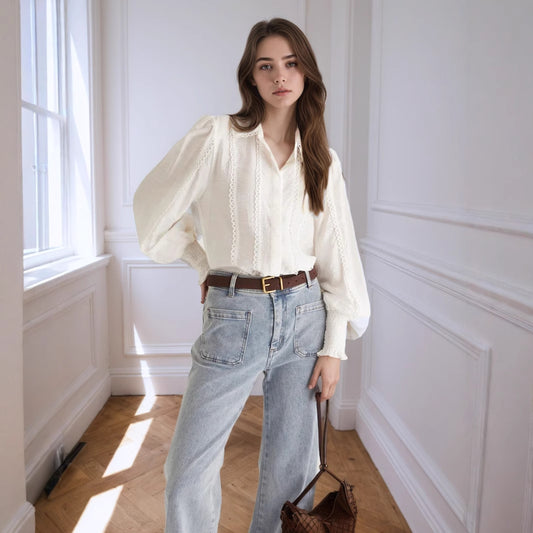 Lantern Sleeve Lace-trimmed White Blouse