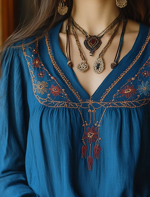 Boho Print V-Neck Blouse with Rustic Charm