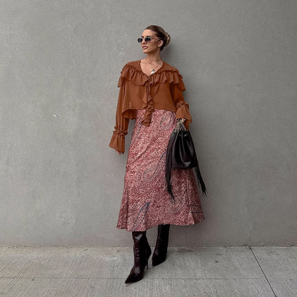 Autumn European And American Design Sense V-neck Flounce Lace-up Loose Chiffon Shirt