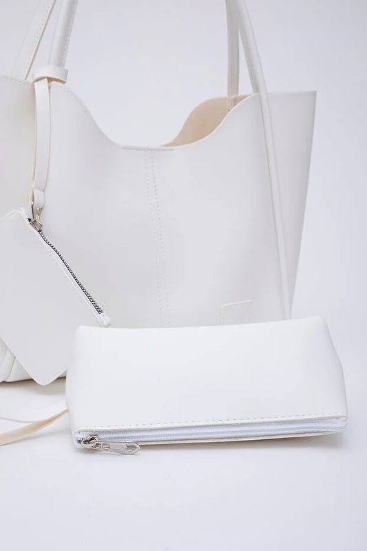 White SHK108 Faux Leather Women Hand And Shoulder Bag With Wallet And Makeup Bag