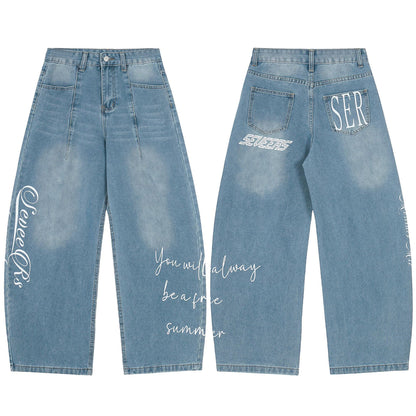 Korean-style Light-wash Wide-leg Denim Jeans For Women