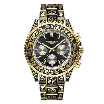Vintage Engraving Quartz Multi-function Men's Watch