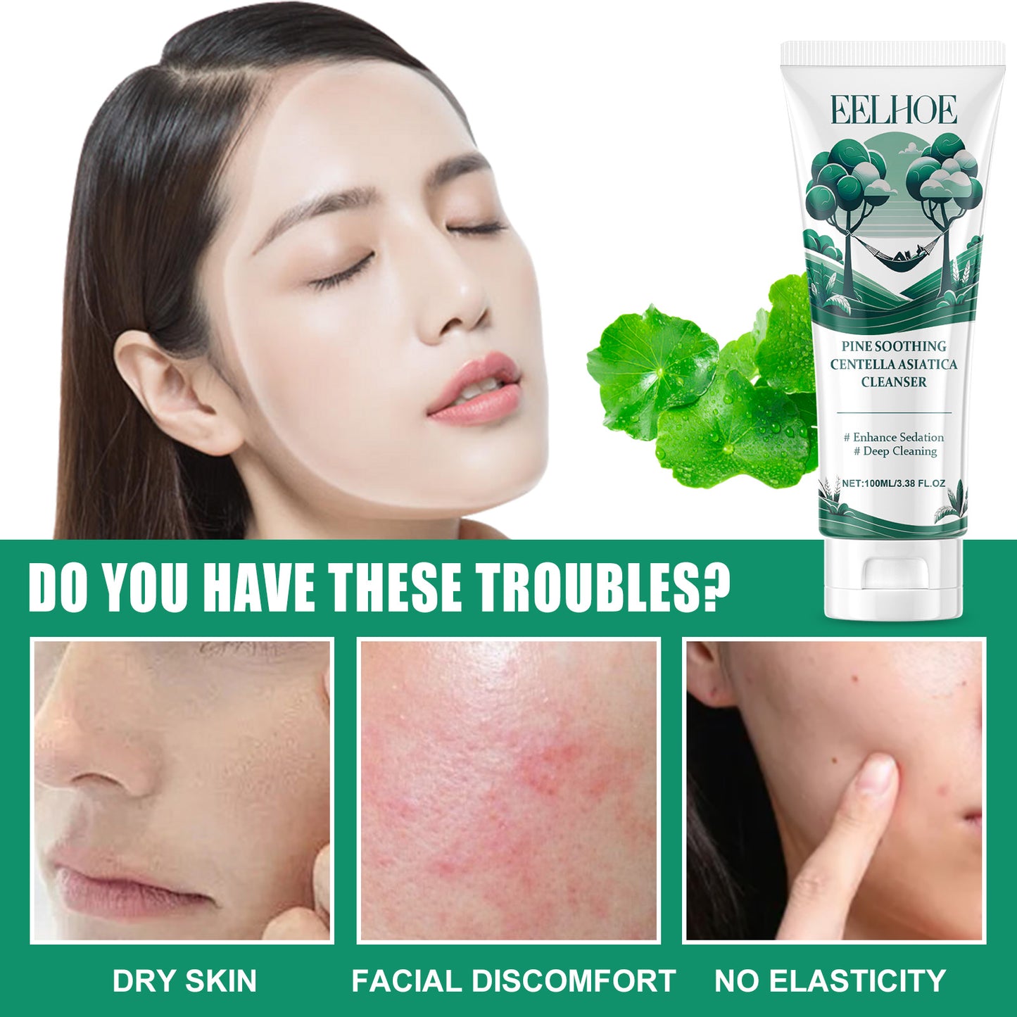 EELHOE Pine Soothing Centella Asiatica Cleanser, Deep Clear Pores Soft Moisturizing Skin Moisturizing Non-Tight Cleanser
