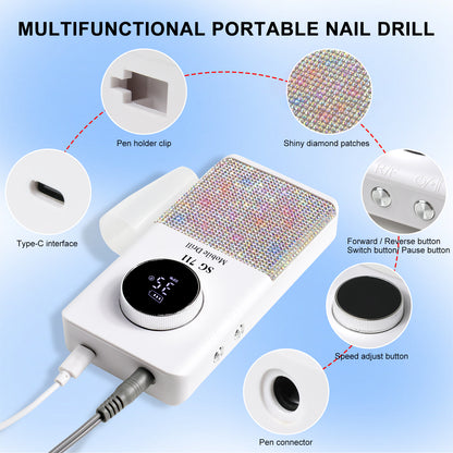 Professional Electric Cordless Nail Drill File-Glitter Portable Cordless E-File Nail Drill Kit With 6 Drill Bits 45000RPM Rechargeable Nail Drills Machine For Acrylic Nails Gel Polishing
