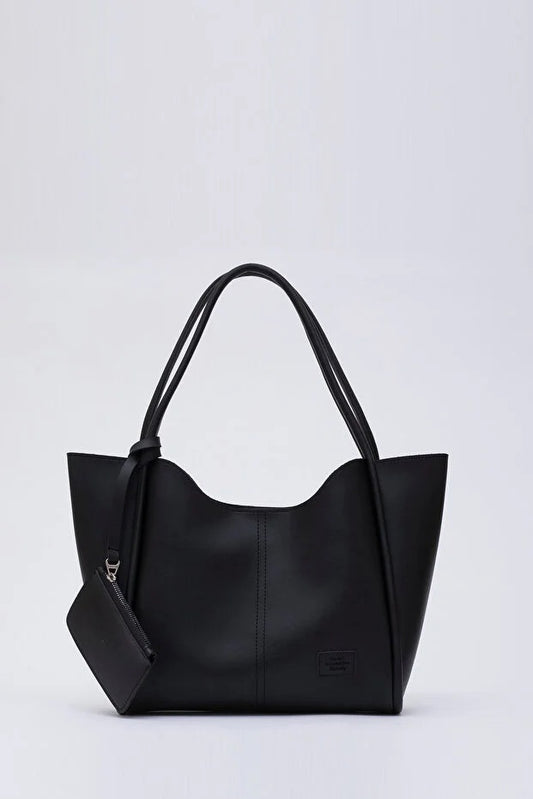 Black SHK108 Faux Leather Women Hand And Shoulder Bag With Wallet And Makeup Bag