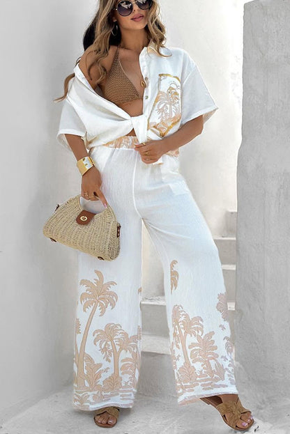 Casual Linen Short-sleeve Lapel Shirt Pants Leisure Suit For Women