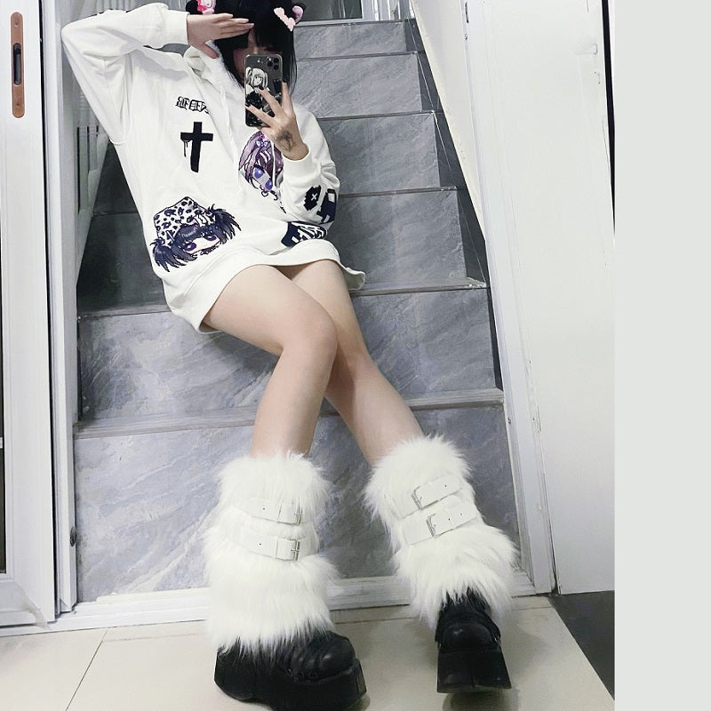 Harajuku Millennium Punk Leather Buckle Plush Socks