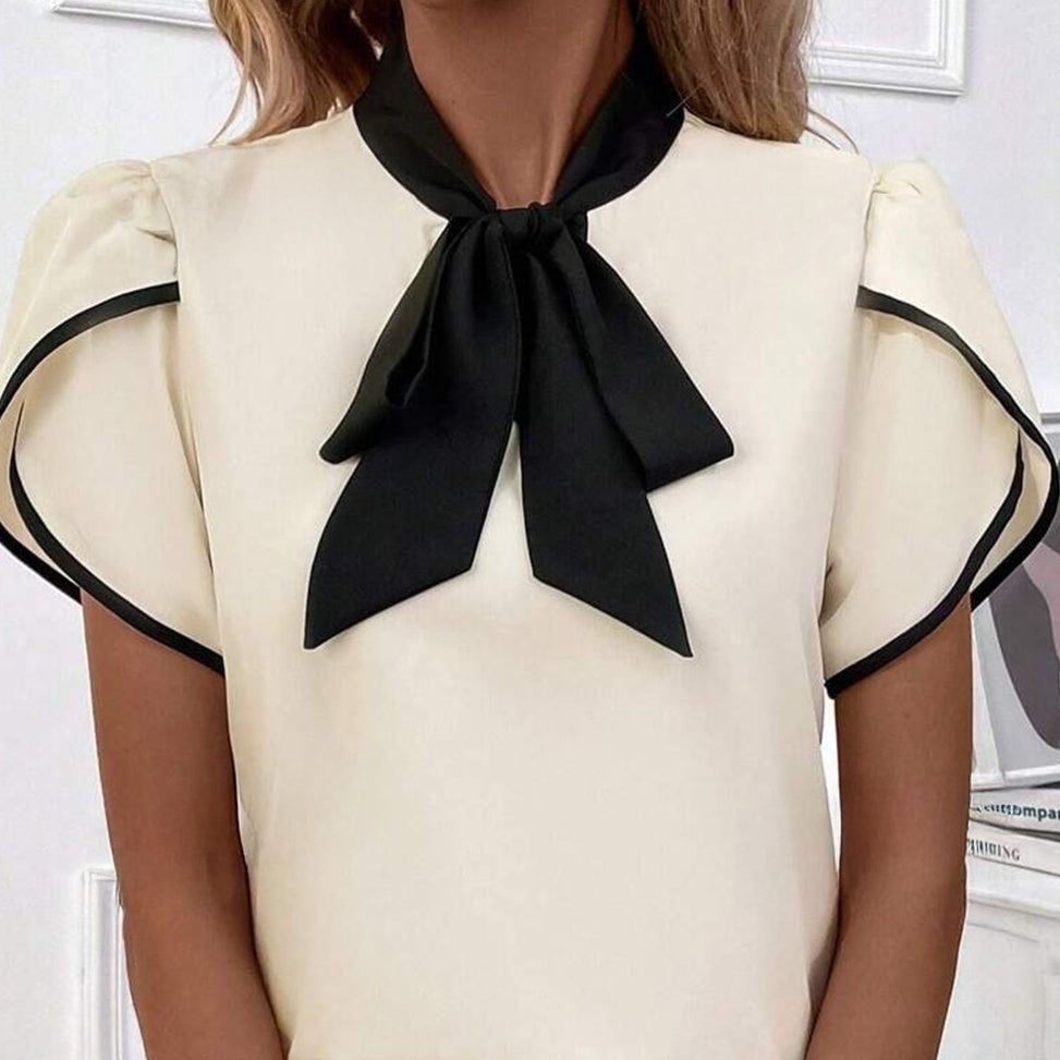 White Bow Knot Neckline Contrast Stripe Short Sleeve Blouse