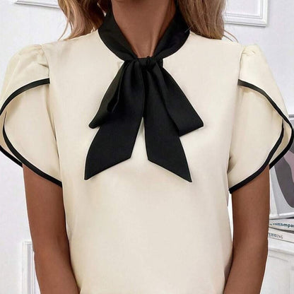 White Bow Knot Neckline Contrast Stripe Short Sleeve Blouse