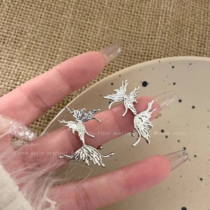 Silver Liquid Butterfly Integrated Stud Earrings Ear Clip