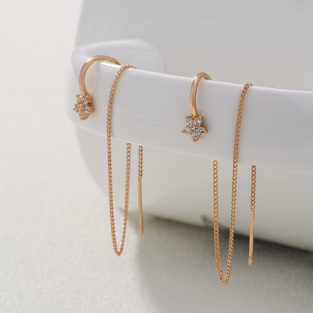 Extra Long Tassel Ear Thread Pentagonal Irregular Geometric Diamond Ear Clip Earrings