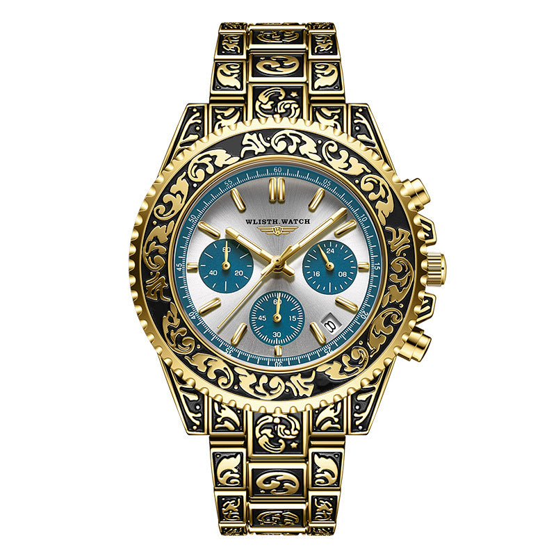 Vintage Engraving Quartz Multi-function Men's Watch