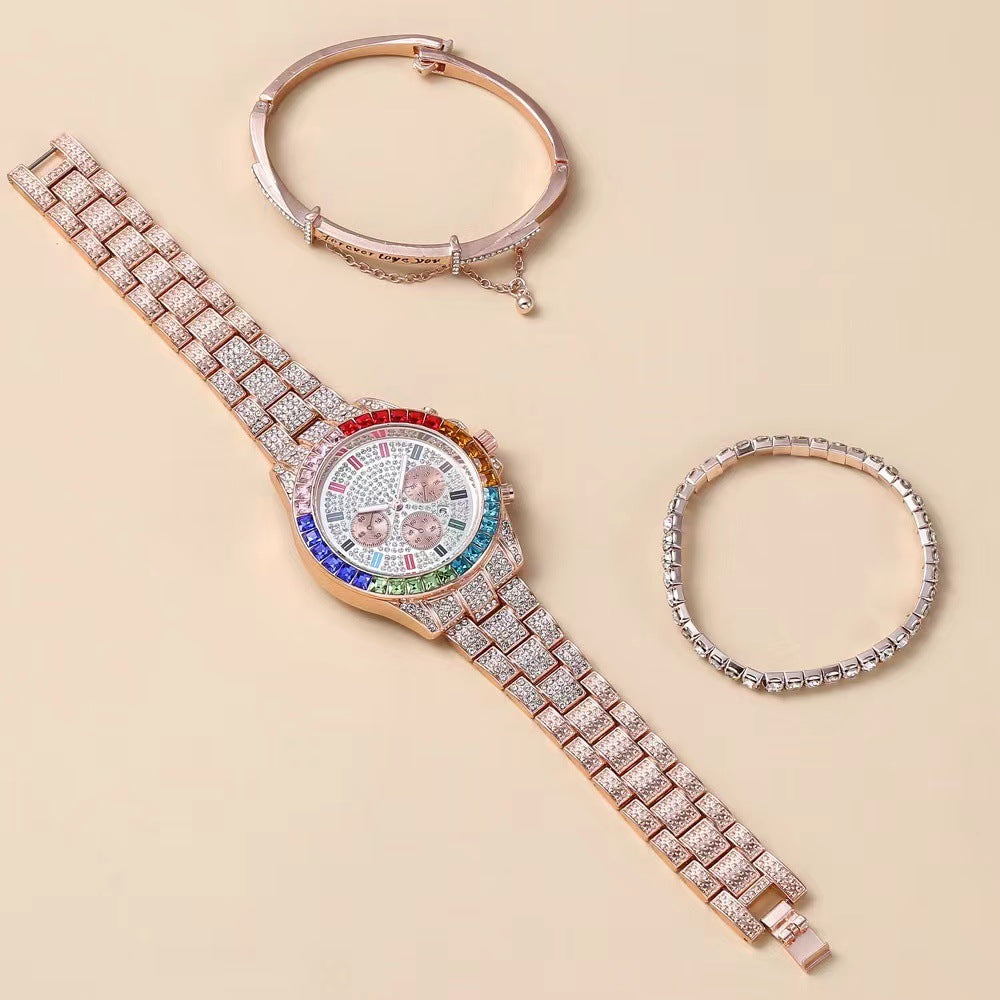 Fake Three-Eye Diamond Colorful Crystals Steel Belt Bracelet Bracelet Three-piece Set