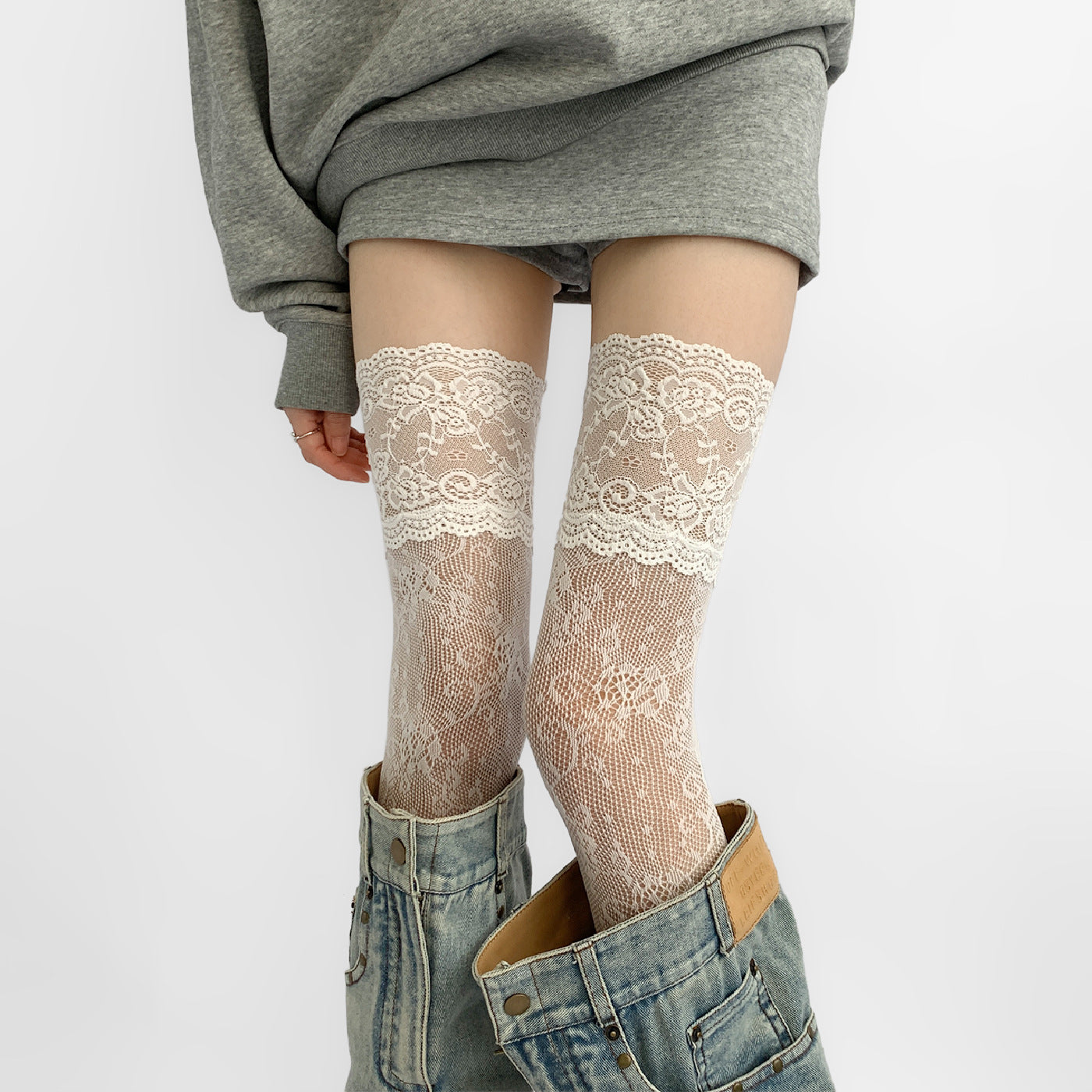 Sexy Lace Pattern Stockings, Ultra-Thin Hollow-Out Thigh-High Socks, White JK Over-Knee Fishnet Socks For Women