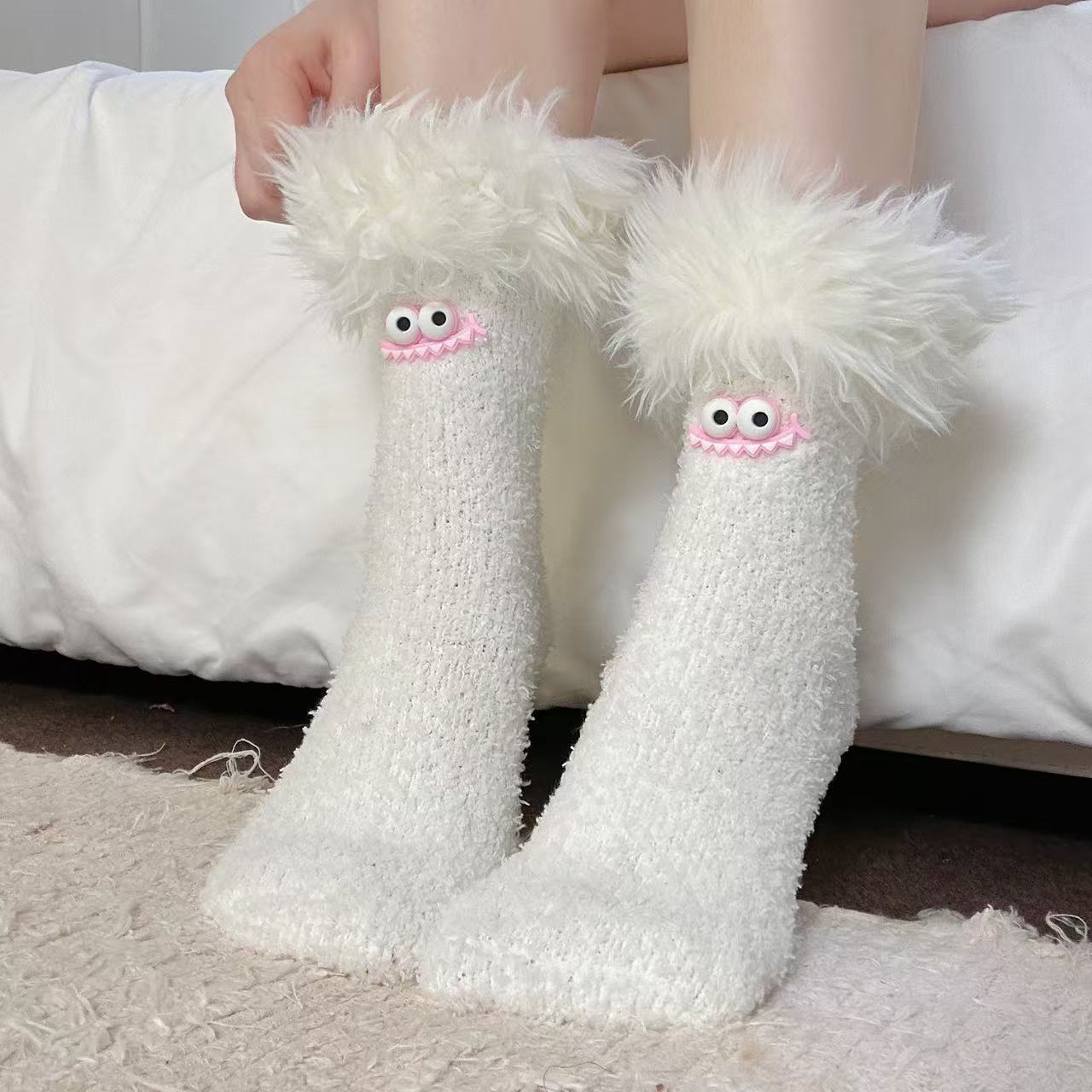 Big Mouth Monster Plush Socks Fleece-Lined Thick Warm Coral Fleece
