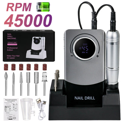 Electric 45000RPM Nail Drill Machine Rechargeable Portable Nail File Electric DIY Nail Drill Kit With Smart LCD Screen For Gel Nail Manicure And Pedicure Reflective Body Etc