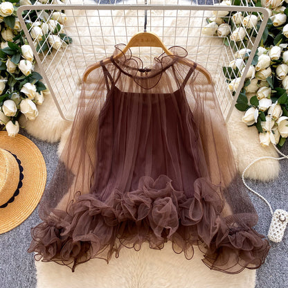 New Style Chiffon Pleated Lace Inner Camisole Two-Piece Set For Women