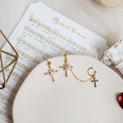 Baroque cross ear bone clip earrings