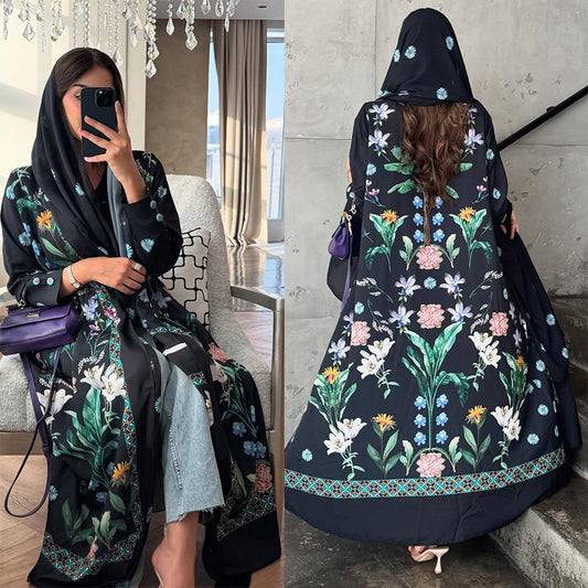 Womens Fashionable Printed Casual Cardigan Coat With Headscarf