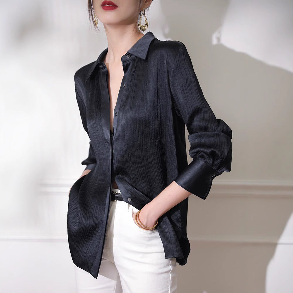 Solid Color Temperament Spring And Autumn Shirt Women Loose Copper Ammonia Silk Top