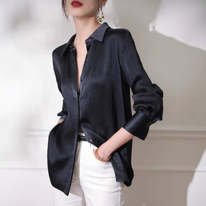 Solid Color Temperament Spring And Autumn Shirt Women Loose Copper Ammonia Silk Top