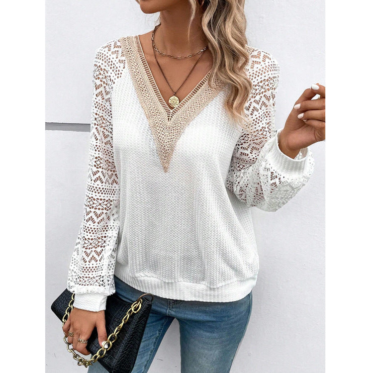 V-neck Stitching Hollow Out Lace See-through Casual T-shirt