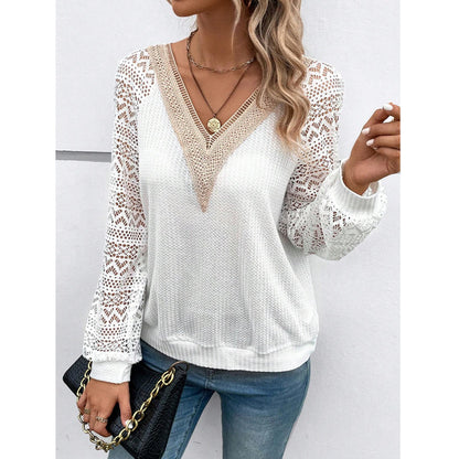 V-neck Stitching Hollow Out Lace See-through Casual T-shirt