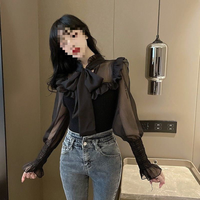 Sweet Elegant Chiffon Patchwork Puff Sleeve Shirt For Women