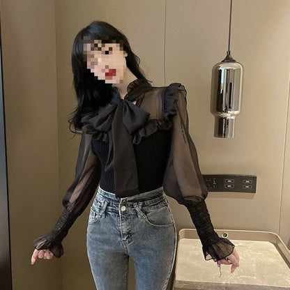 Sweet Elegant Chiffon Patchwork Puff Sleeve Shirt For Women