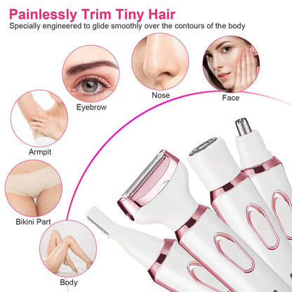 1Pc 4 In 1 Electric Razor For Women Summer Bikini Shaver Painless Grooming Kit Rechargeable Eyebrow Nose Hair Pubic Hair Bikini Trimmer Face Shaver