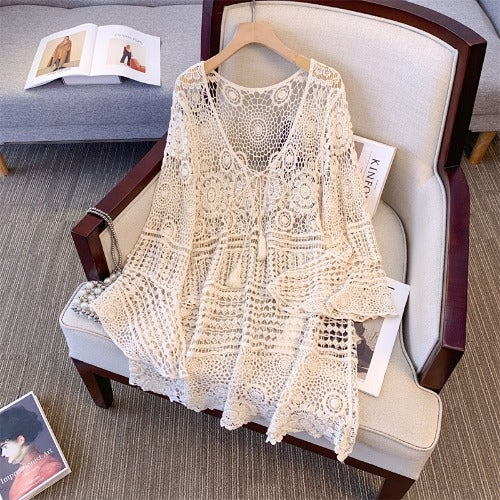 Summer Plus Size Women's Clothing Oversize Thin Lace Crocheted Hollow Out Sun Protective Blouse Ice Silk Wool Sweater Top