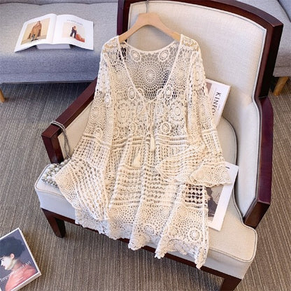 Summer Plus Size Women's Clothing Oversize Thin Lace Crocheted Hollow Out Sun Protective Blouse Ice Silk Wool Sweater Top