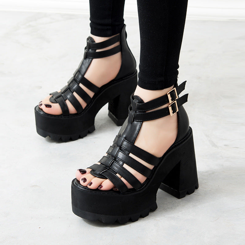 Fish mouth high heel thick heel sandals