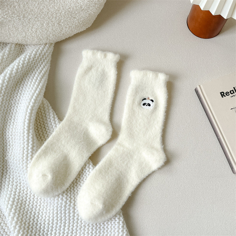 Plush Soft Glutinous Socks Women's Fleece-lined Thickened Cute Cartoon Mid-calf High-grade