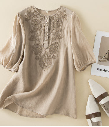 Vintage Loose Design Embroidered Crew Neck Women's Top
