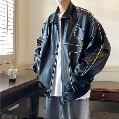 Men's Temperament Zipper Fashion Lapel Leather Coat