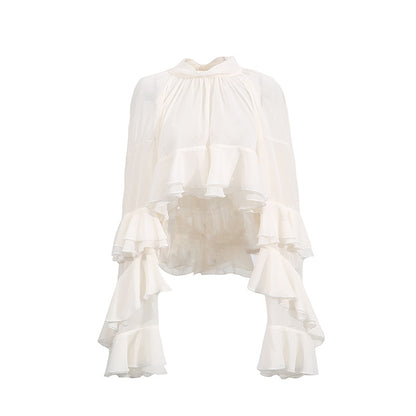 Fashion Casual Long Sleeve Layered Ruffled Short Chiffon Shirt