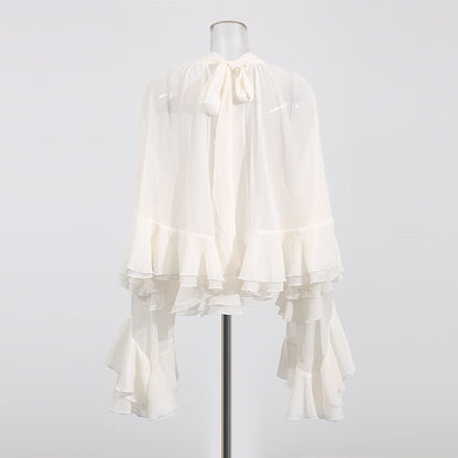 Fashion Casual Long Sleeve Layered Ruffled Short Chiffon Shirt