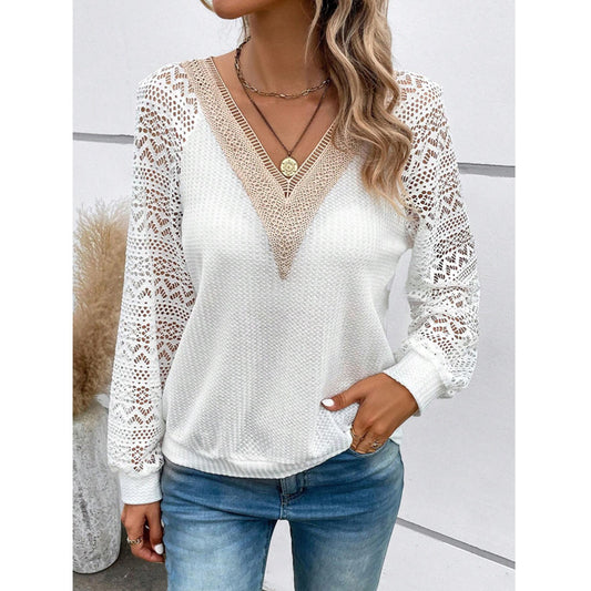 V-neck Stitching Hollow Out Lace See-through Casual T-shirt