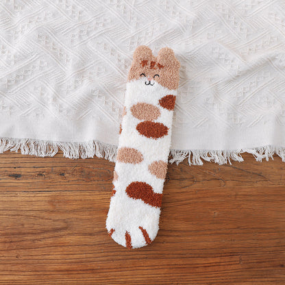Coral Fleece Socks Women's Thick Warm Winter Sleep Long Japanese Cute Cartoon Embroidered Mid-calf Cat's Paw Socks