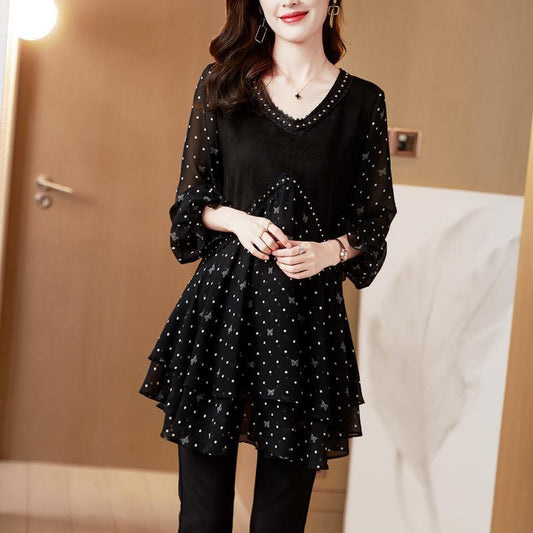 Womens Mid-Length Polka-Dot Chiffon Floral Casual Top