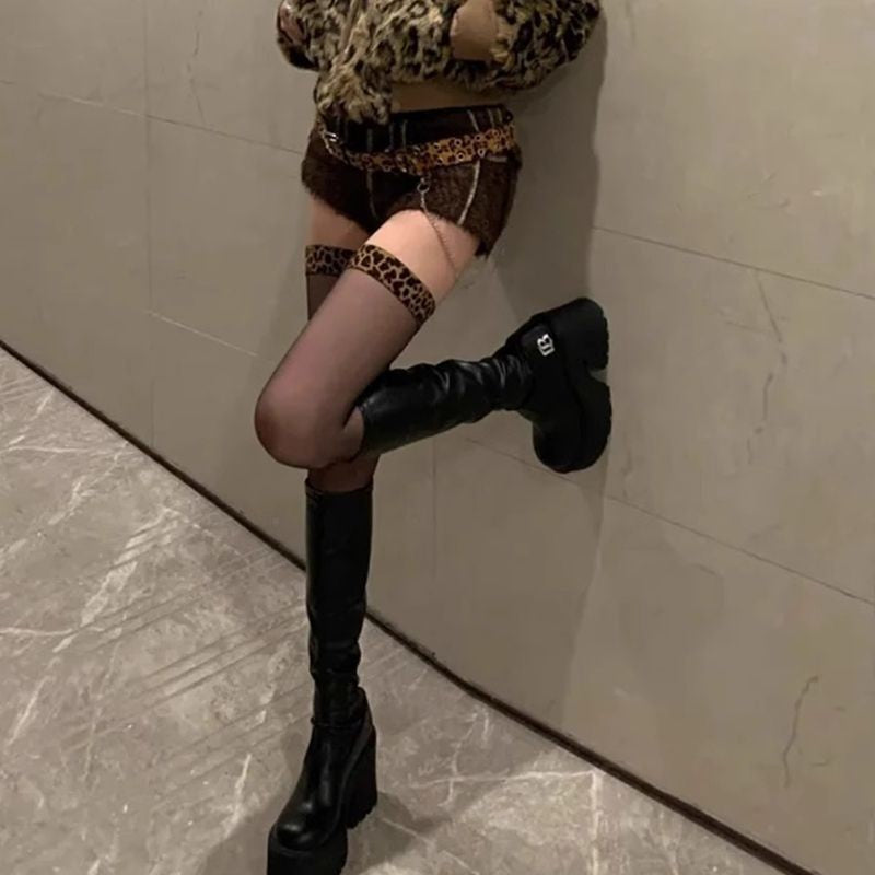Leopard Print Band Sheer Thigh High Stockings Sexy Ultra-thin Transparent Stockings For Women