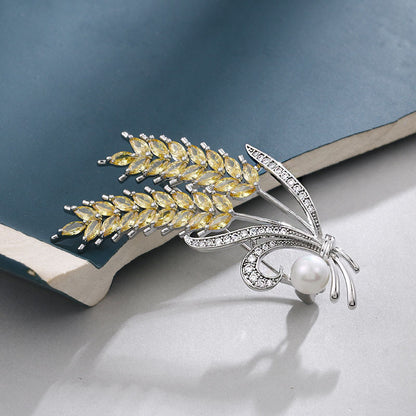Copper White Gold White Zircon Wheat Brooch