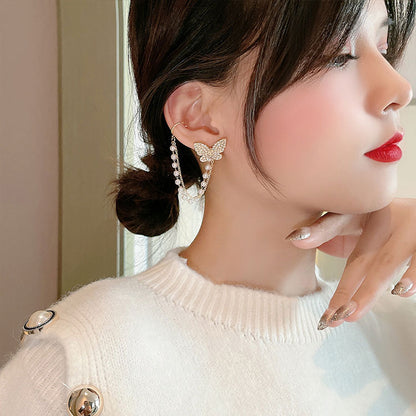 Silver Needle Earrings Ear Bone Clip One Chain Butterfly Ear Clip Women