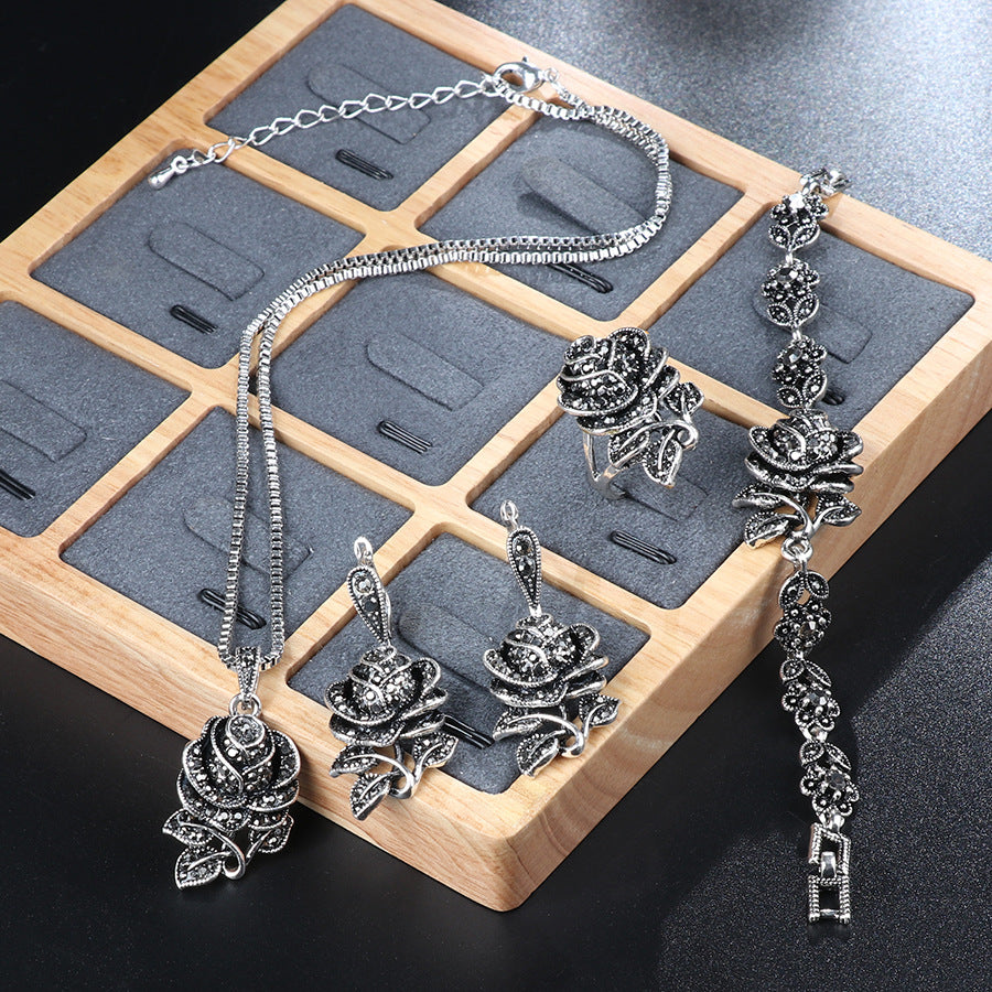 Grey Crystal Steel Print Pendant Necklace Bracelet Ring Earrings For Women