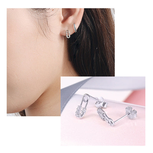 S925 Sterling Silver Personalized Pin Stud Earrings With Diamonds Safety Pin