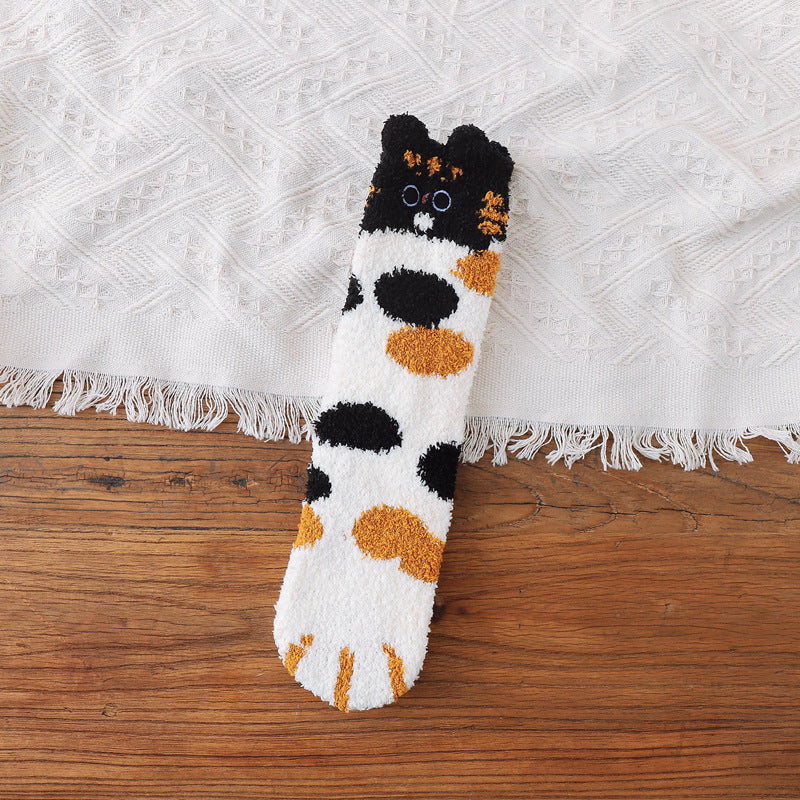 Coral Fleece Socks Women's Thick Warm Winter Sleep Long Japanese Cute Cartoon Embroidered Mid-calf Cat's Paw Socks