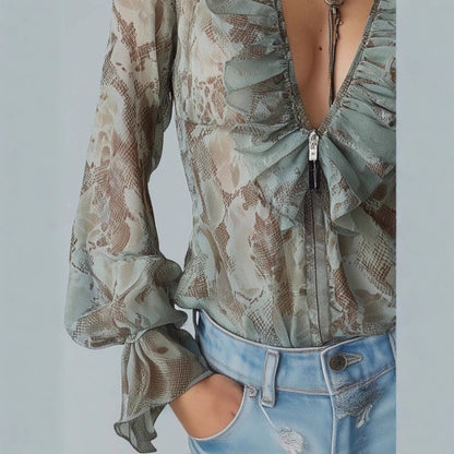 European And American-style Chiffon Shirt With Ruffled Hem And A Zipper